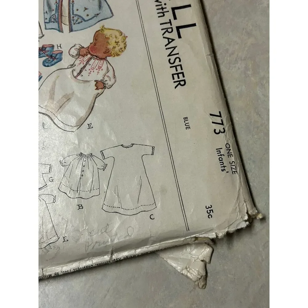 Vintage 1940's McCall Pattern #773 Baby Embroidered Layette‎ One Size
